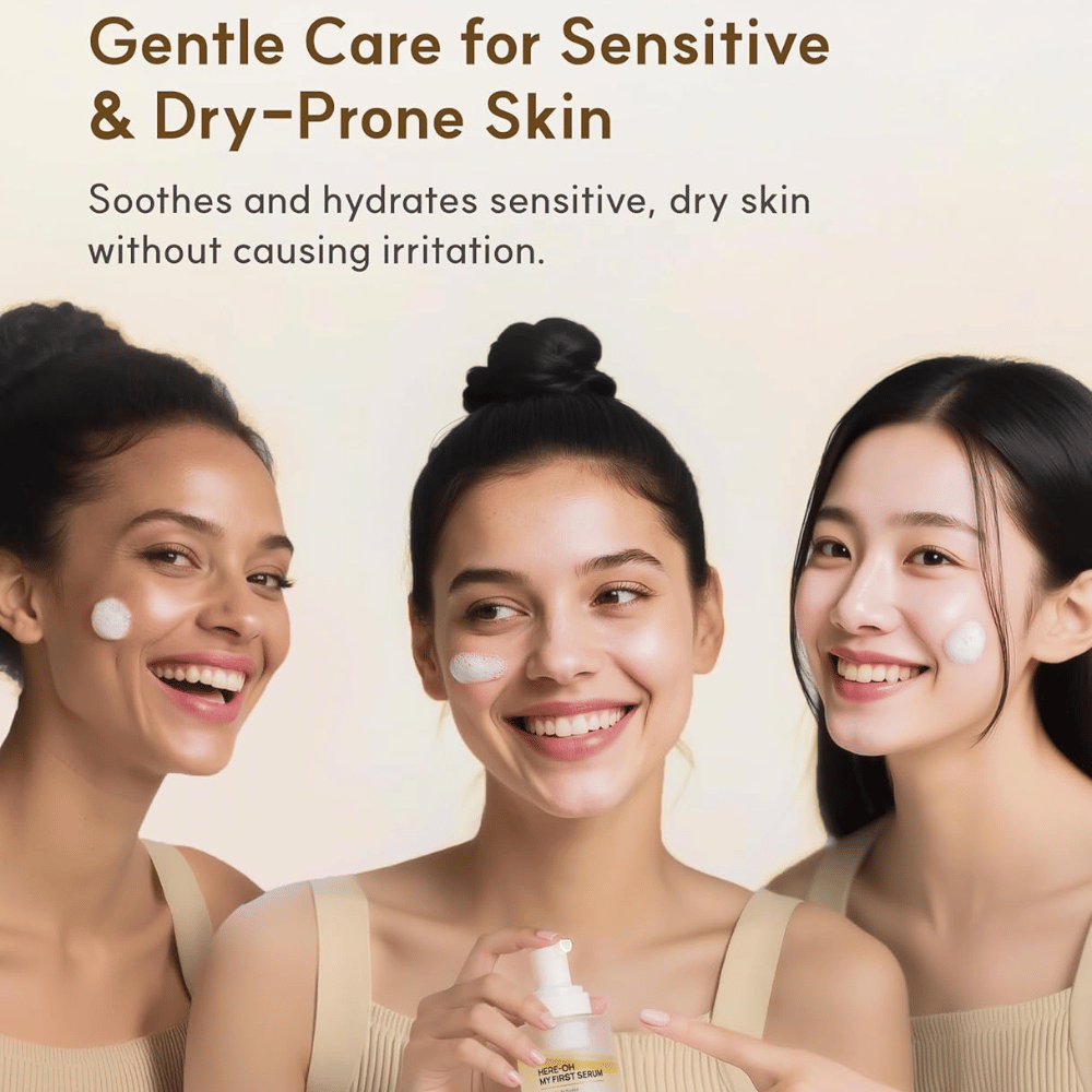 Imagem de estilo de vida com três pessoas a aplicar De:maf Here-Oh My First Serum.