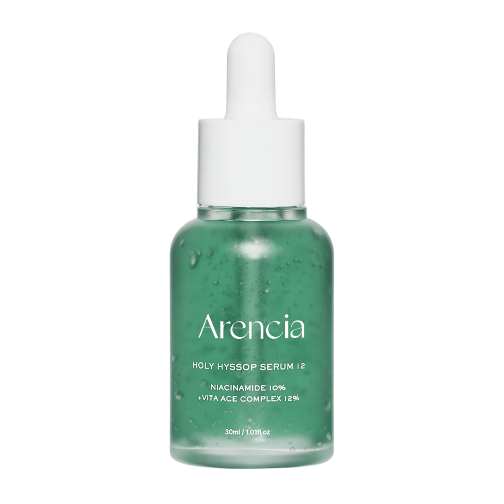 Arencia Holy Hyssop Serum 12 em frasco de vidro verde com pipeta, sérum facial com 10% de niacinamida e complexo de vitaminas ACE 12%.