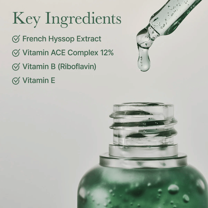 Close-up do frasco de sérum com pipeta e texto sobre ingredientes-chave como extrato de hissopo, complexo de vitaminas ACE e vitamina E.