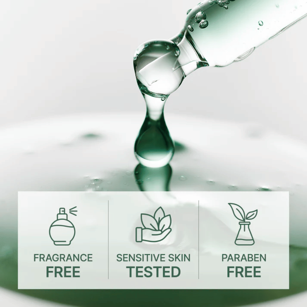 Sérum pingando da pipeta com ícones que mostram fórmula sem perfume, testada para pele sensível e livre de parabenos.