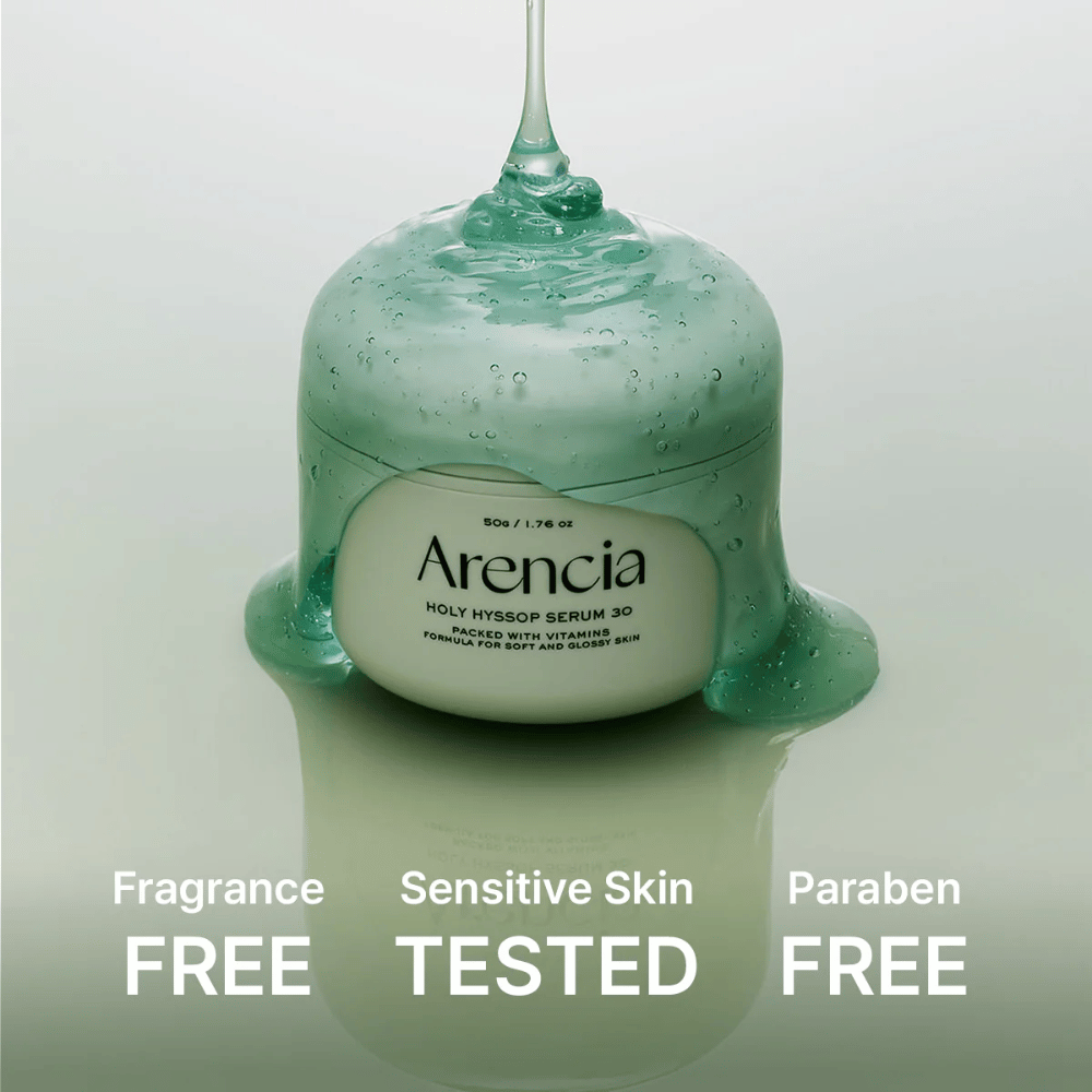 Arencia Holy Hyssop Serum 30 – sérum gel nutritivo com vitaminas, livre de perfumes e parabenos, testado dermatologicamente para pele sensível.