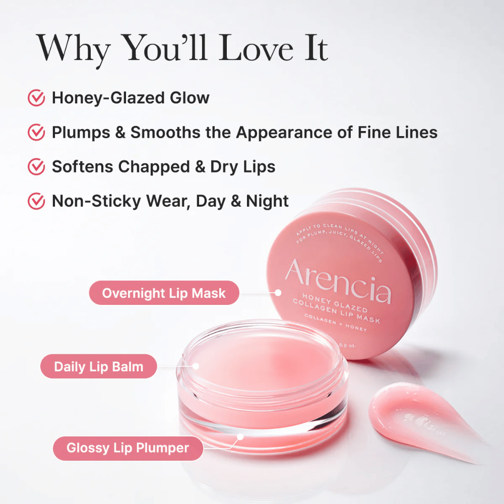 Imagem do produto com o boião aberto e aplicador que destaca benefícios como honey-glazed glow, lábios mais macios e uma utilização agradável tanto de dia como de noite.