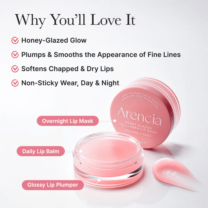 Imagem do produto com o boião aberto e aplicador que destaca benefícios como honey-glazed glow, lábios mais macios e uma utilização agradável tanto de dia como de noite.
