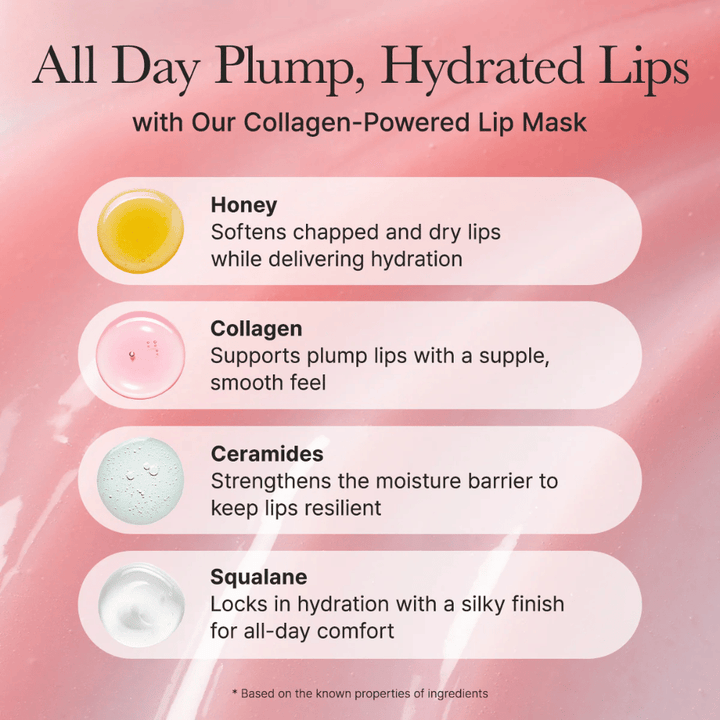 Visão geral dos ingredientes que destaca mel, colagénio, ceramidas e squalane para lábios macios, preenchidos e hidratados com acabamento brilhante.
