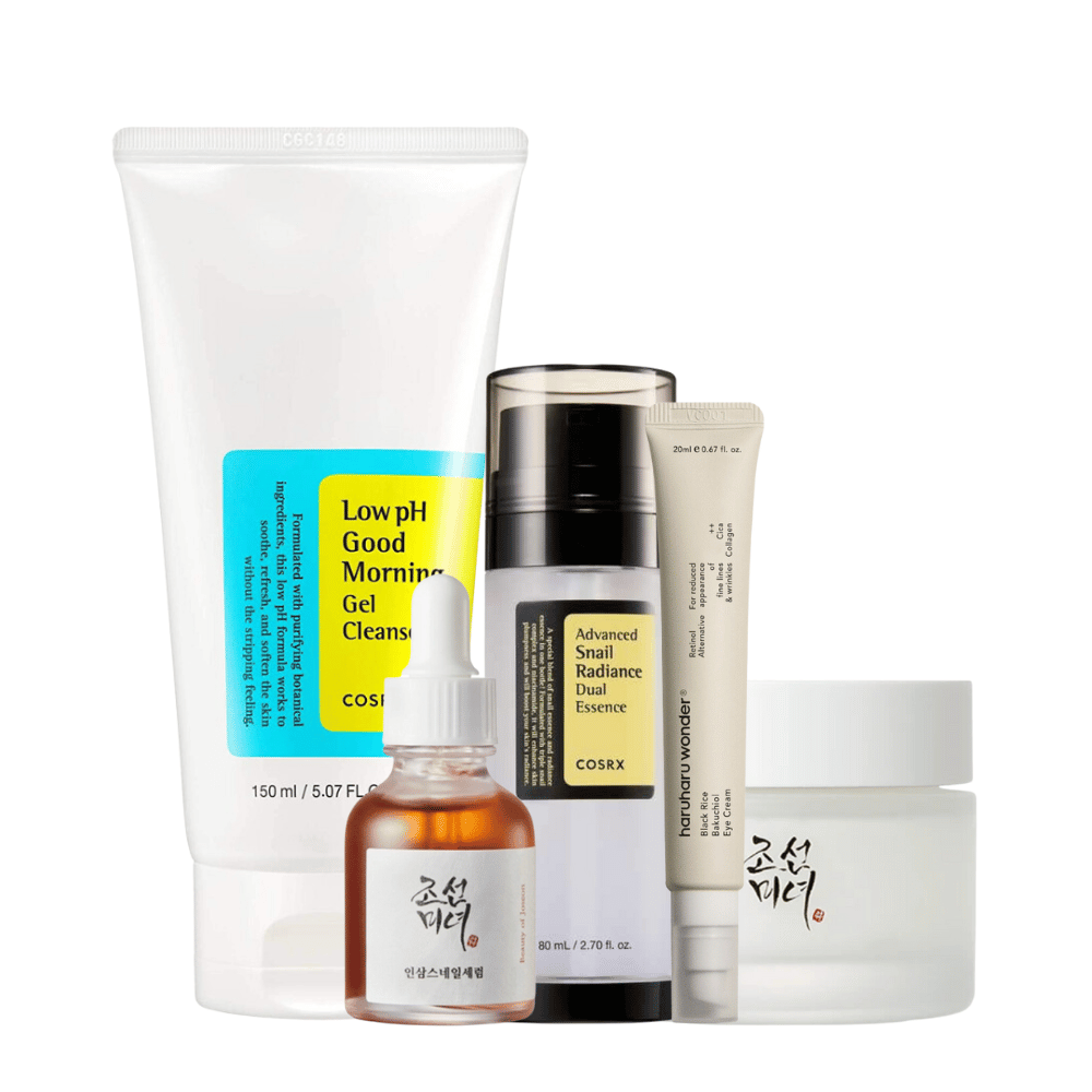 Uma seleção de K-Beauty Mature Skin Time Revers Kit para sinais de envelhecimento em fundo branco.