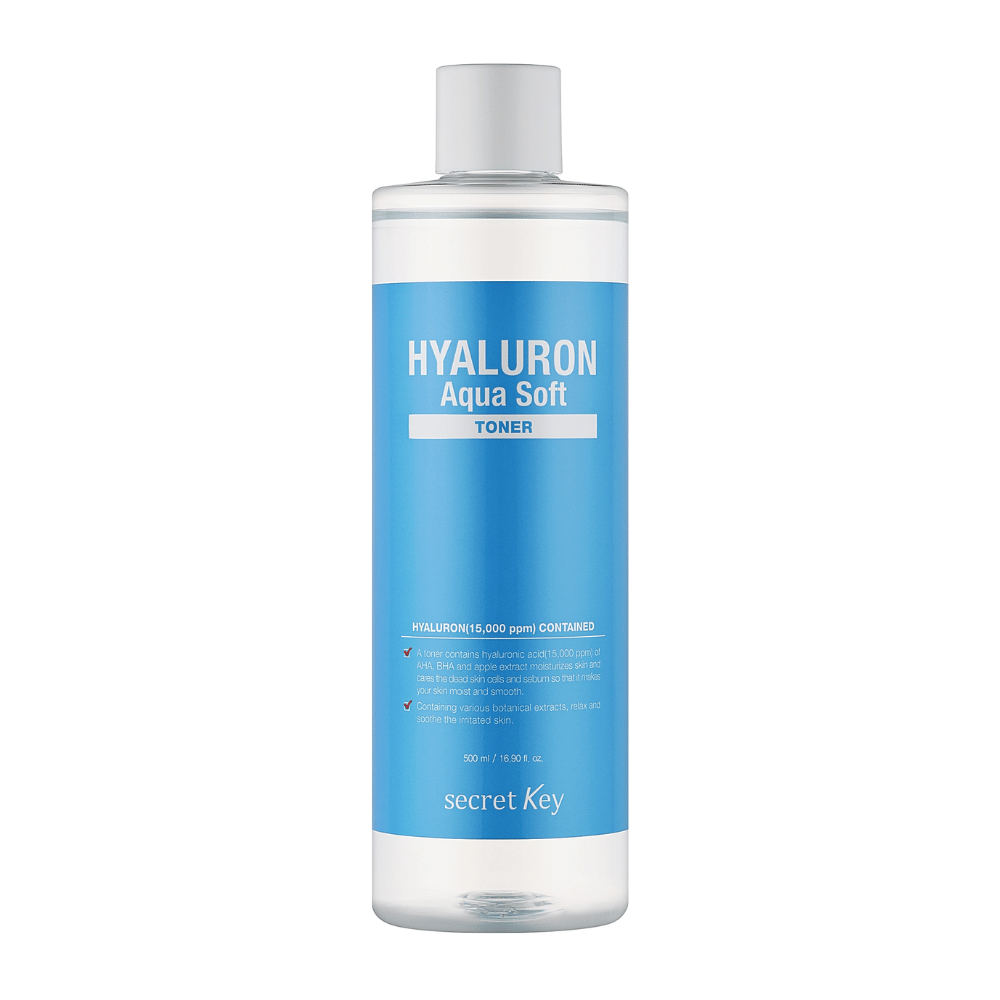 Secret Key Hyaluron Aqua Soft Toner – tônico hidratante com ácido hialurônico que proporciona uma pele macia, suave e refrescada com brilho natural.