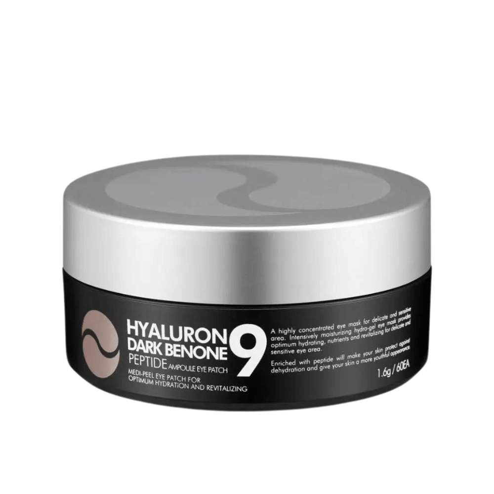 Hyaluron Dark Benone Peptide 9 Ampoule Eye Patch – máscara ocular coreana em pote com peptídeos e ácido hialurônico para cuidados intensivos da pele seca e cansada ao redor dos olhos.
