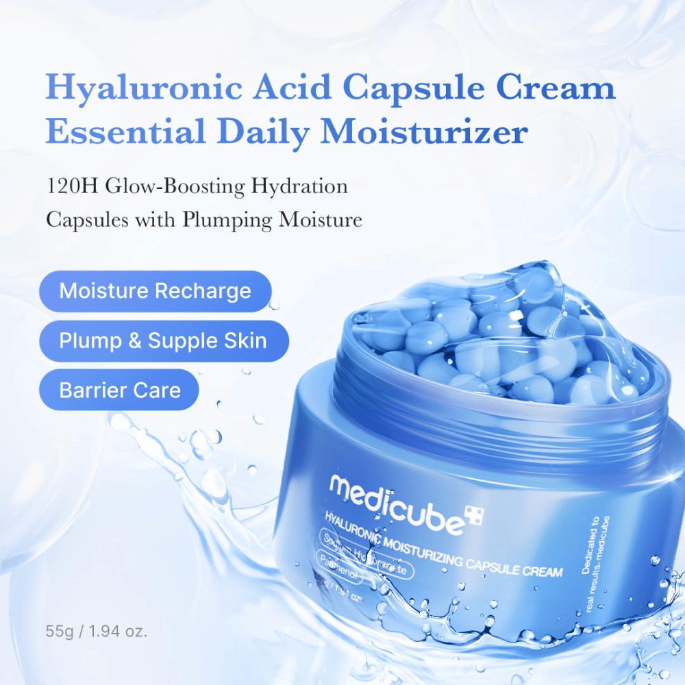 4. Medicube Hyaluronic Moisturizing Capsule Cream – cápsulas azuis de hidratação em gel que hidratam, acalmam e fortalecem a barreira cutânea