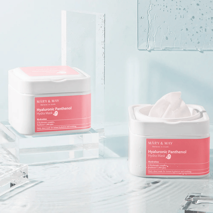 Mary & May Hyaluronic Panthenol Hydra Mask – máscara facial intensamente hidratante com ácido hialurônico e pantenol para pele seca e sensível
