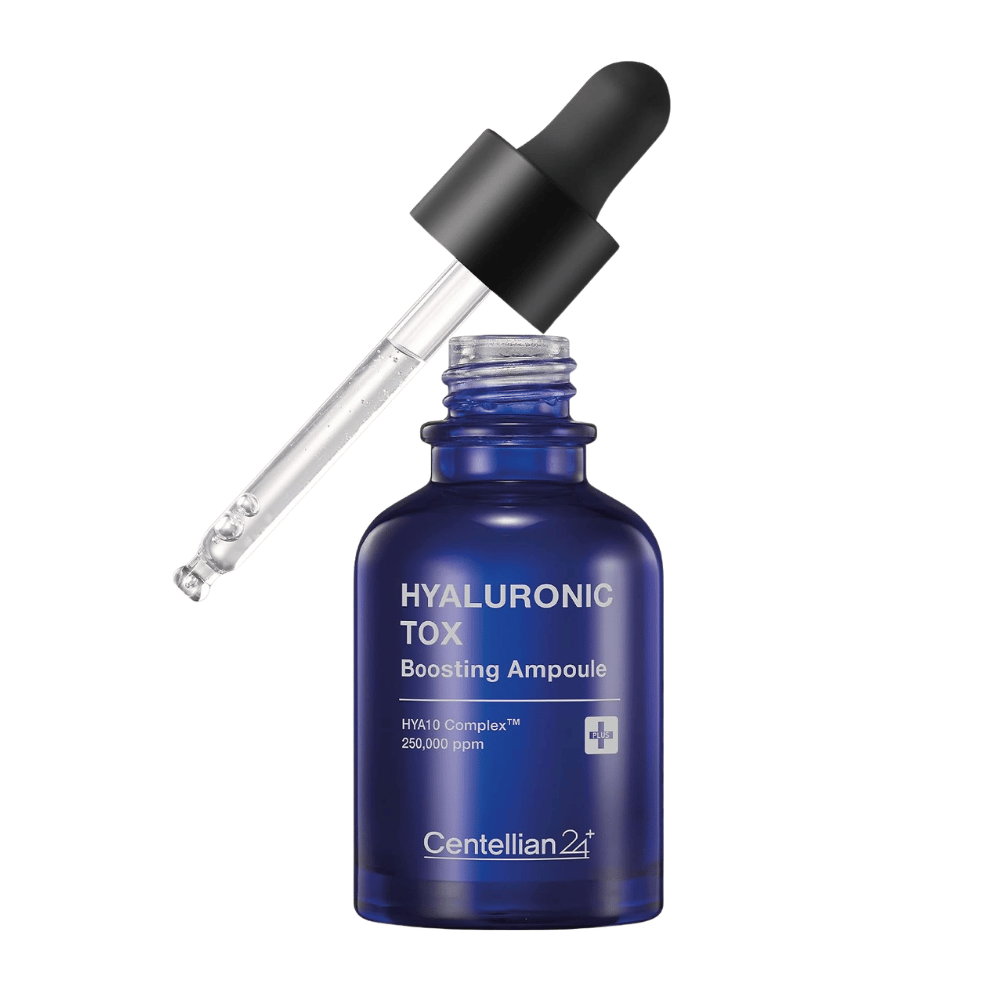 5. Centellian24 Hyaluronic Tox Boosting Ampoule – frasco de vidro azul com sérum facial hidratante e conta-gotas