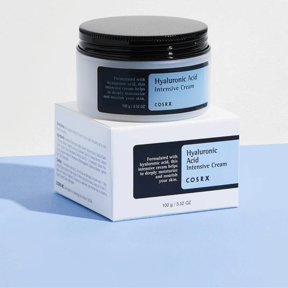 COSRX Hyaluronic Acid Intensive Cream 100 g em pote com caixa – creme facial intensivo com ácido hialurônico para hidratação profunda e barreira cutânea fortalecida.