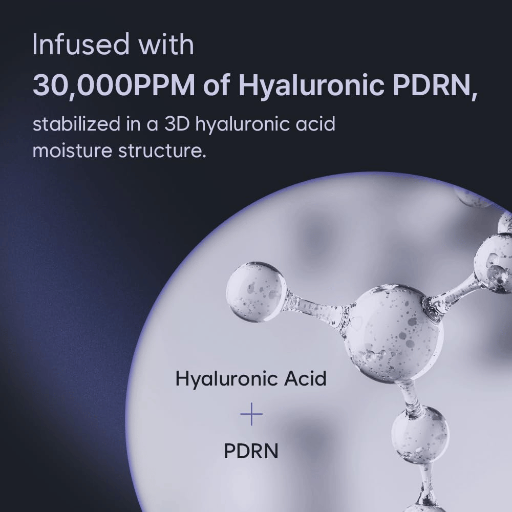 Ilustração gráfica de ácido hialurónico e PDRN numa estrutura tridimensional de hidratação. A imagem destaca a elevada concentração de Hyaluronic PDRN do produto e a sua tecnologia hidratante.