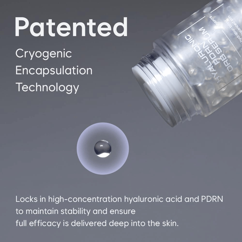 Ilustração de HAUA Hyaluronic PDRN Orb Serum e da sua tecnologia patenteada de encapsulamento criogénico. Uma esfera de sérum é mostrada ao lado da embalagem para destacar a tecnologia por detrás do encapsulamento dos ingredientes.