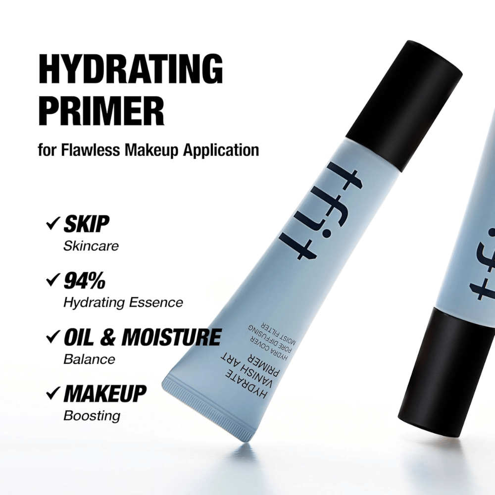 TFIT Hydrate Vanish Art Primer é mostrado com texto informativo sobre os benefícios do produto, incluindo 94% de essência hidratante e equilíbrio de óleo – desenvolvido para uma base de maquiagem mais uniforme.