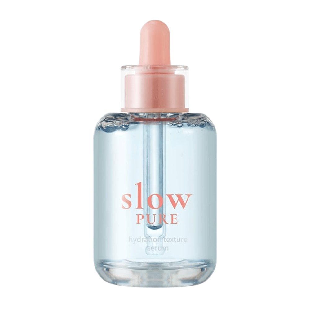 Slow Pure Hydration Texture Serum em garrafa de vidro transparente com pipeta, cheia de soro azul hidratante.