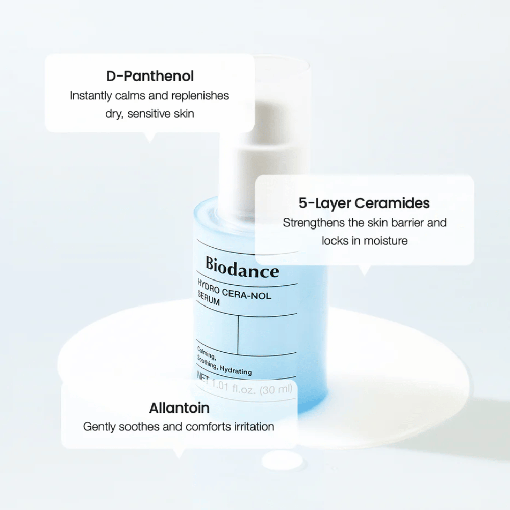 D-Pantenol – Acalma e hidrata a pele sensível.
Ceramidas de 5 camadas – Fortalece a barreira da pele e retém a hidratação.
Alantoína – Suaviza e reduz a irritação.