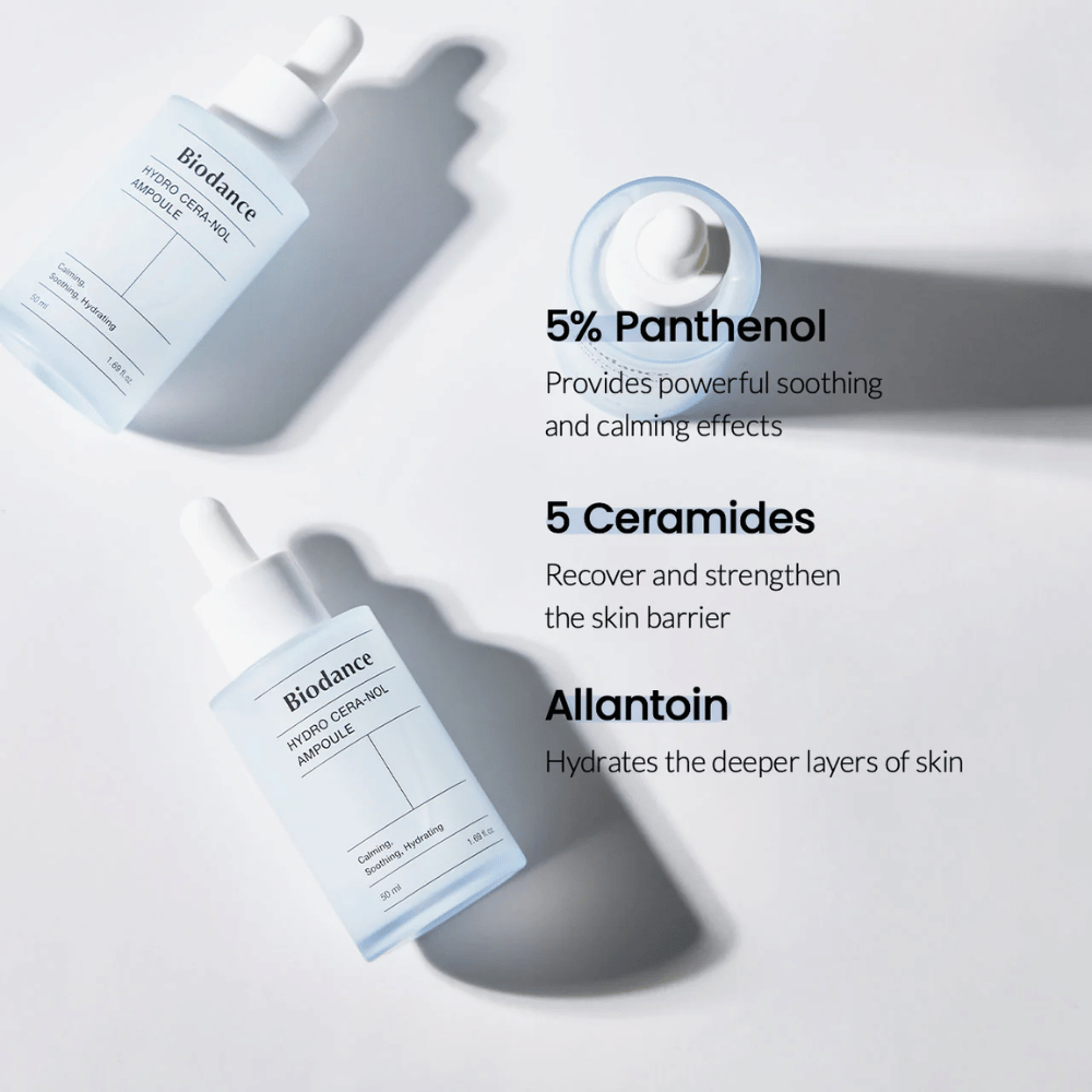 Biodance Hydro Cera-Nol Ampoule – Hidratação intensa e fortalecimento da barreira da pele.

💙 5% Pantenol – Acalma e reduz a irritação da pele.
🛡️ 5 Ceramidas – Reconstrói e fortalece a barreira protetora da pele.
💧 Alantoína – Hidratação profunda para uma pele mais macia.

Perfeito para pele sensível e seca que precisa de cuidado extra!