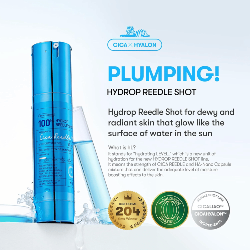 Garrafa azul VT Cica Hyalon Hydrop Reedle Shot 100hL com pipeta transparente, texto sobre efeito hidratante e brilho da pele, além de três emblemas que destacam as conquistas e ingredientes do produto.