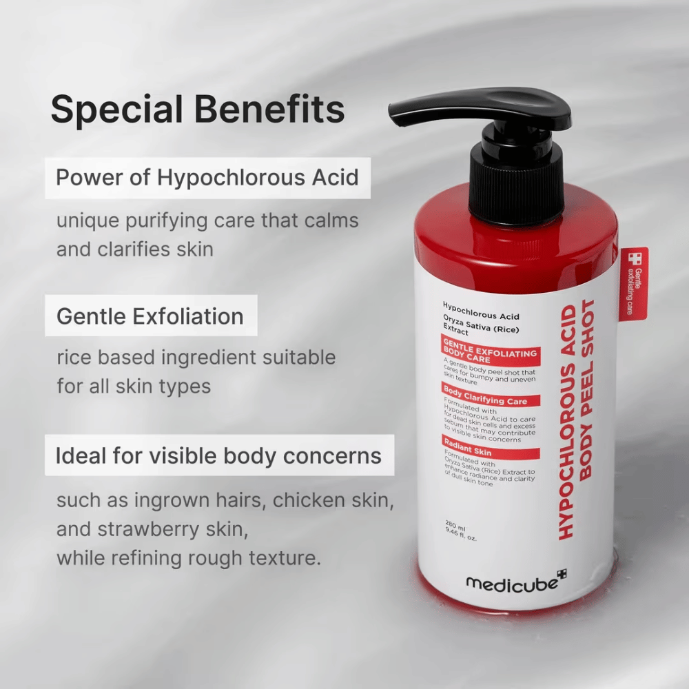 Imagem informativa para Medicube Hypochlorous Acid Body Peel Shot com foco em ácido hipocloroso, esfoliação suave e cuidado para pele corporal com relevo e irregular.