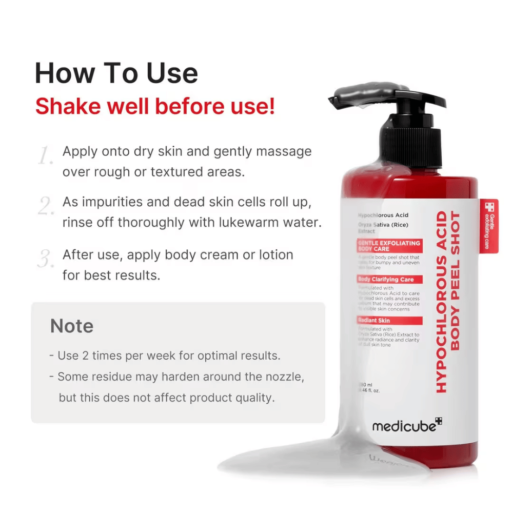 Imagem de instruções para Medicube Hypochlorous Acid Body Peel Shot que mostra como o peeling corporal é utilizado passo a passo para esfoliação e uma pele mais macia.