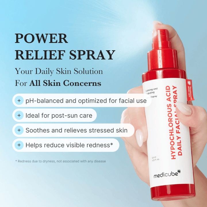 Imagem de marketing com fundo azul onde o spray é segurado numa mão durante a utilização. A imagem destaca as áreas de utilização do produto, como equilibrar o pH da pele, proporcionar cuidado após a exposição solar, acalmar a pele stressada e reduzir a vermelhidão visível.
