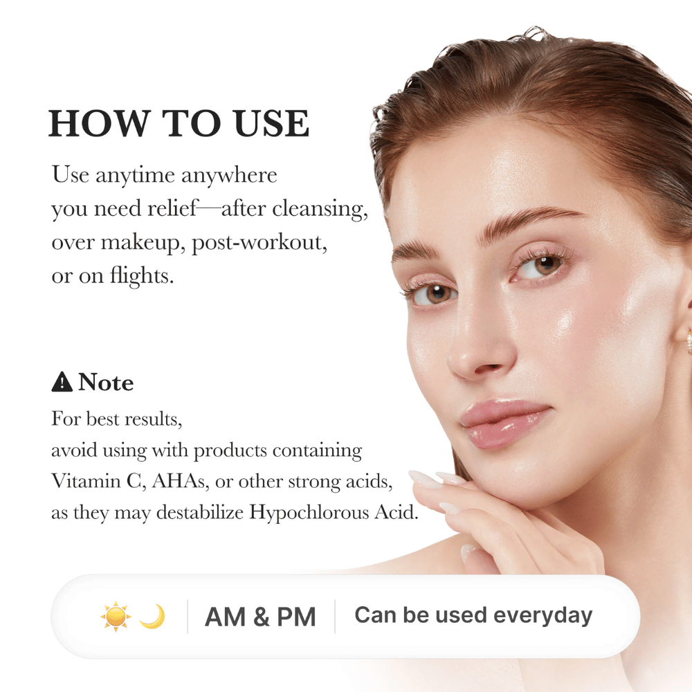 Guia de utilização que mostra uma modelo com pele hidratada e radiante. A imagem explica que o spray pode ser utilizado após a limpeza, sobre a maquilhagem, após o exercício ou durante viagens. Também contém informação sobre evitar a utilização em conjunto com ácidos fortes como AHA e vitamina C.