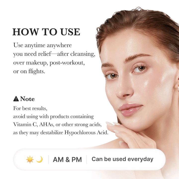 Guia de utilização que mostra uma modelo com pele hidratada e radiante. A imagem explica que o spray pode ser utilizado após a limpeza, sobre a maquilhagem, após o exercício ou durante viagens. Também contém informação sobre evitar a utilização em conjunto com ácidos fortes como AHA e vitamina C.