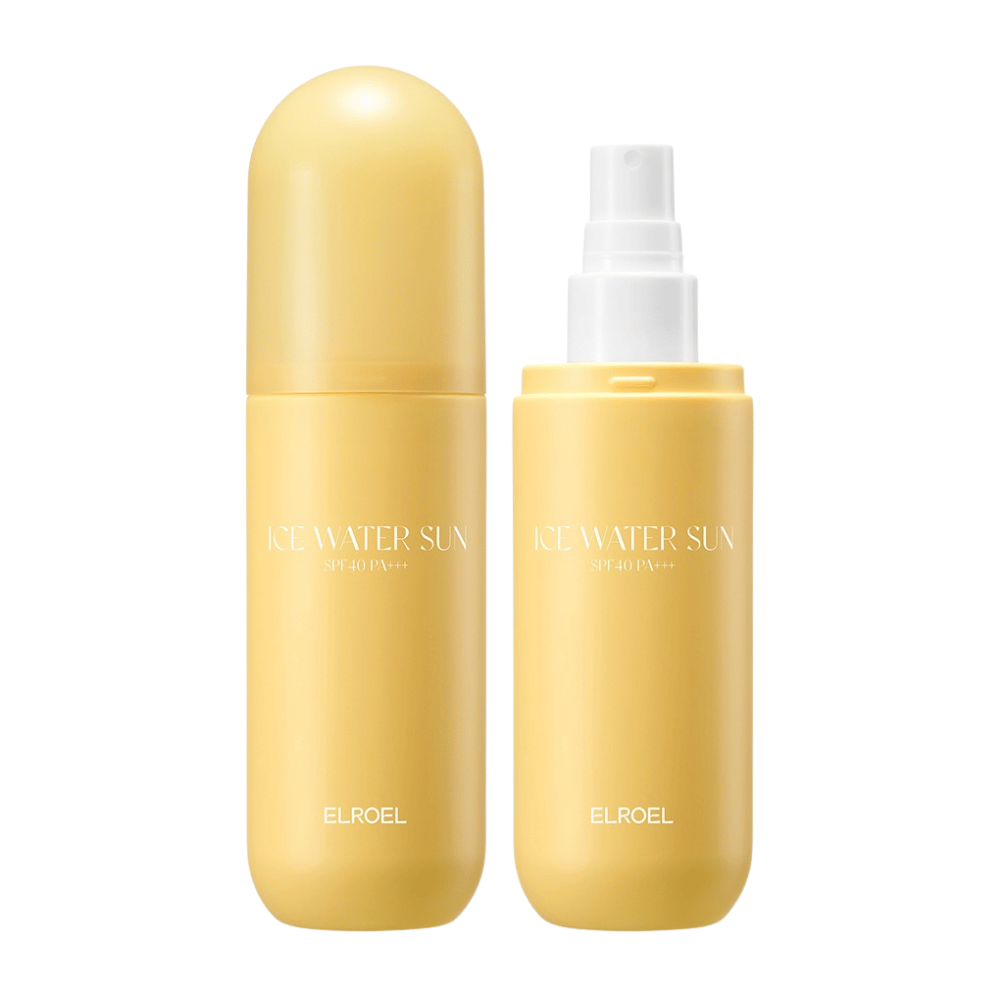 ELROEL Ice Water Sun Mist SPF 40 PA+++ imagem do produto com frasco fechado e aberto que mostra um design prático para fácil aplicação de protetor solar em spray