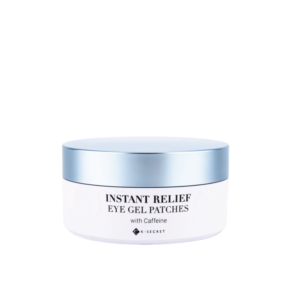 Lata com K-Secret Instant Relief Eye Gel Patches com cafeína e tampa azul.