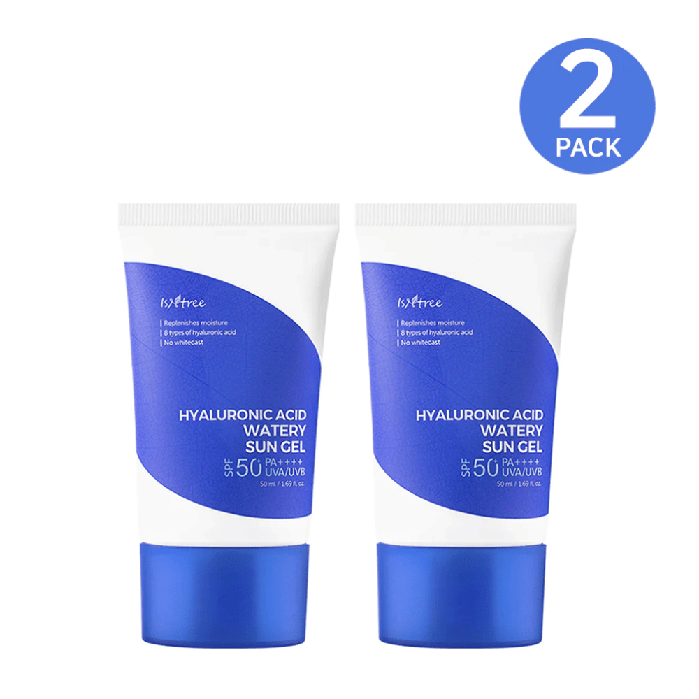 Dois tubos Isntree Hyaluronic Acid Watery Sun Gel Set com SPF 50+ conjunto de proteção solar.