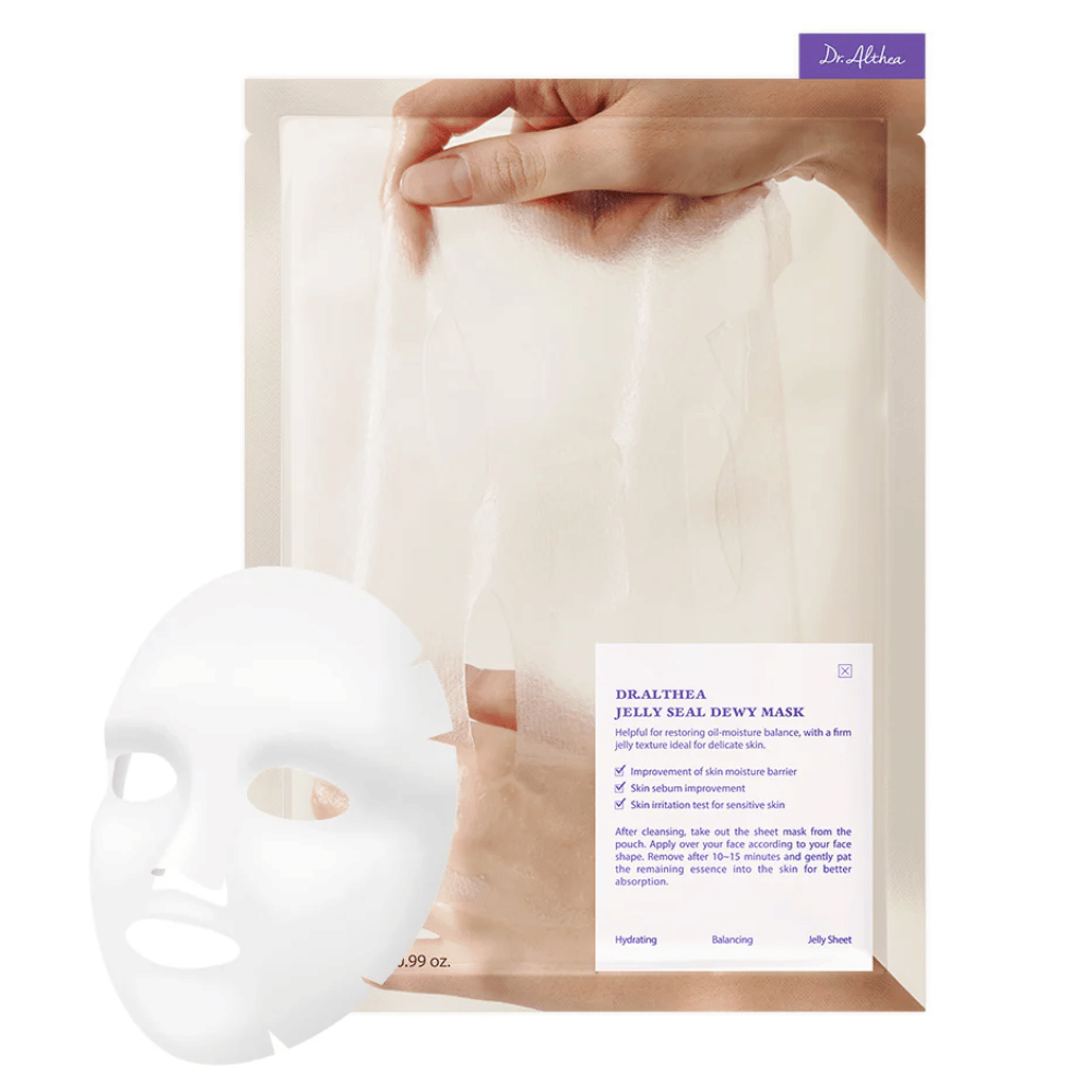Dr.Althea Jelly Seal Dewy Mask – uma máscara em folha hidratante com textura semelhante a gel que fortalece a barreira de hidratação da pele, equilibra a produção de sebo e acalma a pele sensível.