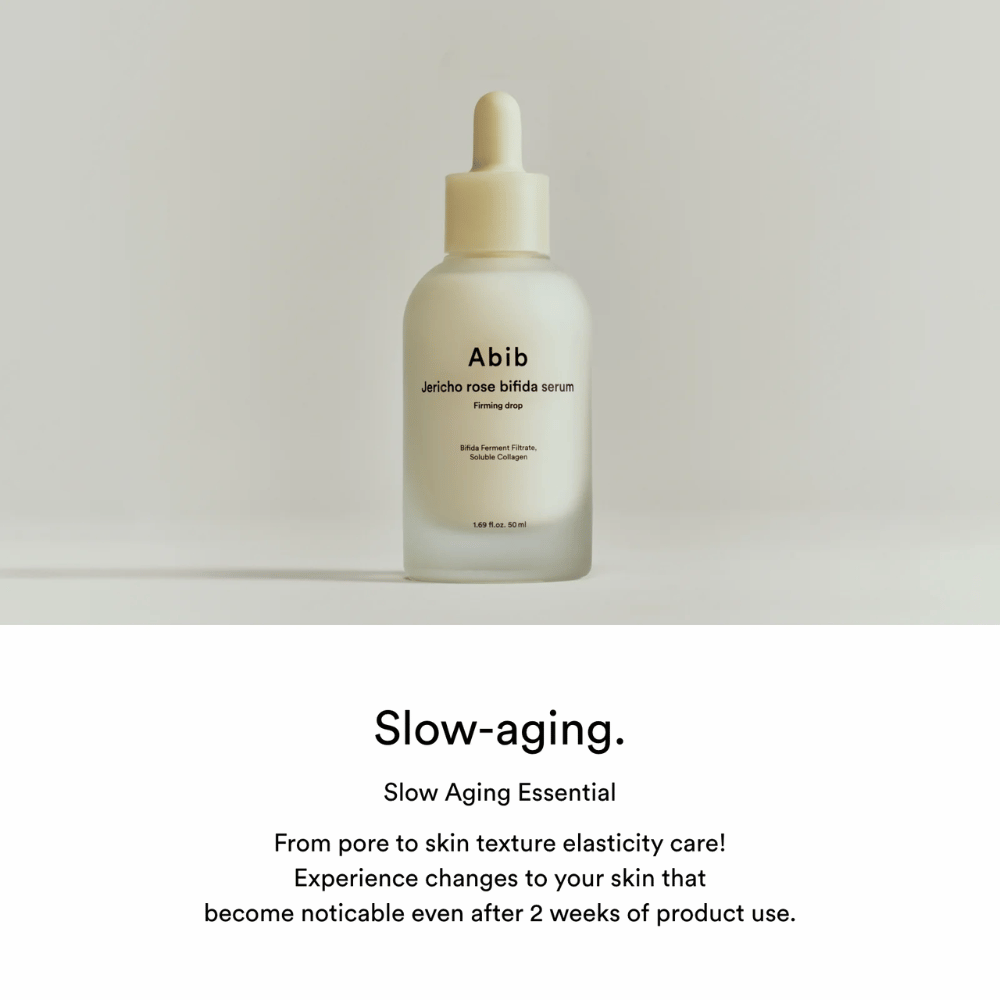 Imagem minimalista de produto de Abib Jericho Rose Bifida Serum Firming Drop com foco no slow-aging e na elasticidade da pele.