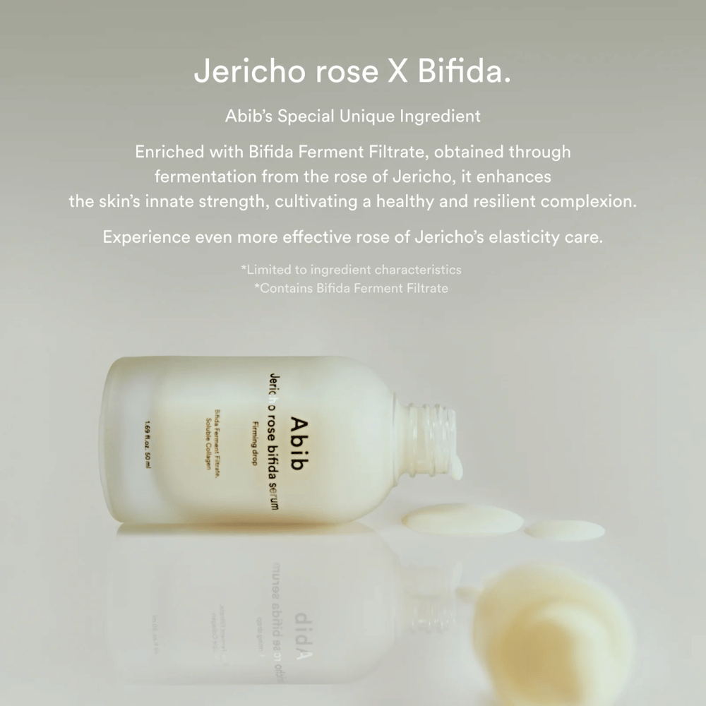 Imagem informativa que destaca a combinação de Jericho Rose e Bifida Ferment Filtrate para uma pele mais forte e mais elástica.