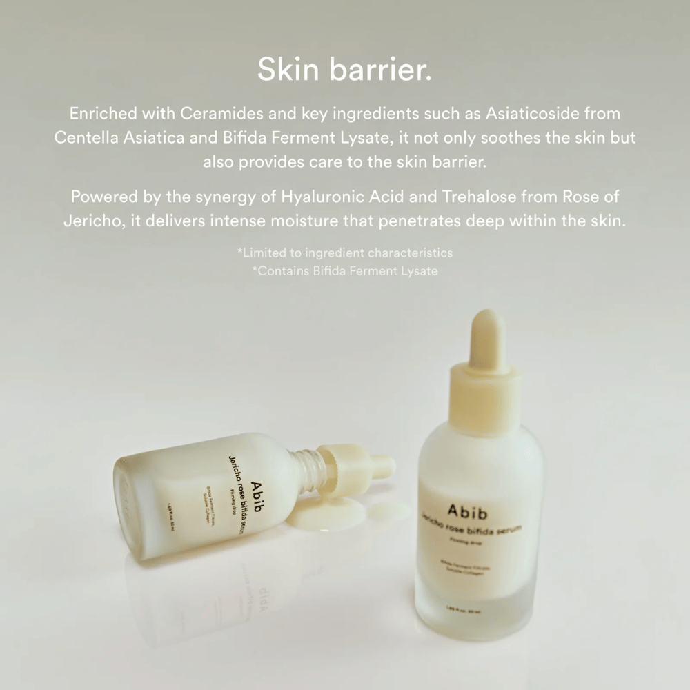 Imagem de produto de Abib Jericho Rose Bifida Serum juntamente com informação sobre a barreira cutânea, ceramidas e hidratação intensiva.