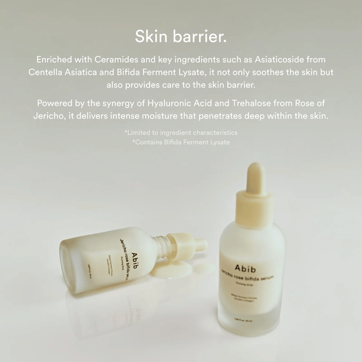 Imagem de produto de Abib Jericho Rose Bifida Serum juntamente com informação sobre a barreira cutânea, ceramidas e hidratação intensiva.