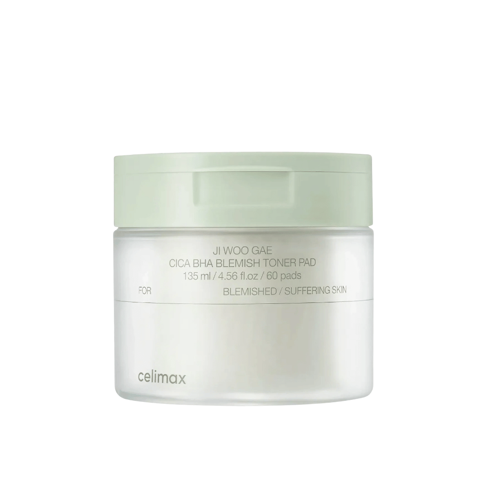 Imagem do produto em Celimax Ji Woo Gae Cica BHA Blemish Toner Pad 135 ml com 60 almofadas para pele sensível e propensa a acne.