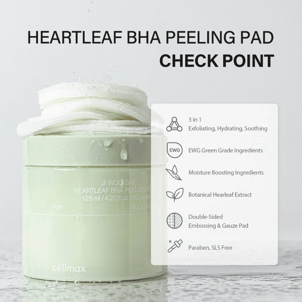Celimax Ji Woo Gae Heartleaf BHA Peeling Pad é um produto multifuncional que esfolia, hidrata e acalma a pele. Com uma classificação EWG verde, contém ingredientes hidratantes e extrato botânico de folha de coração.