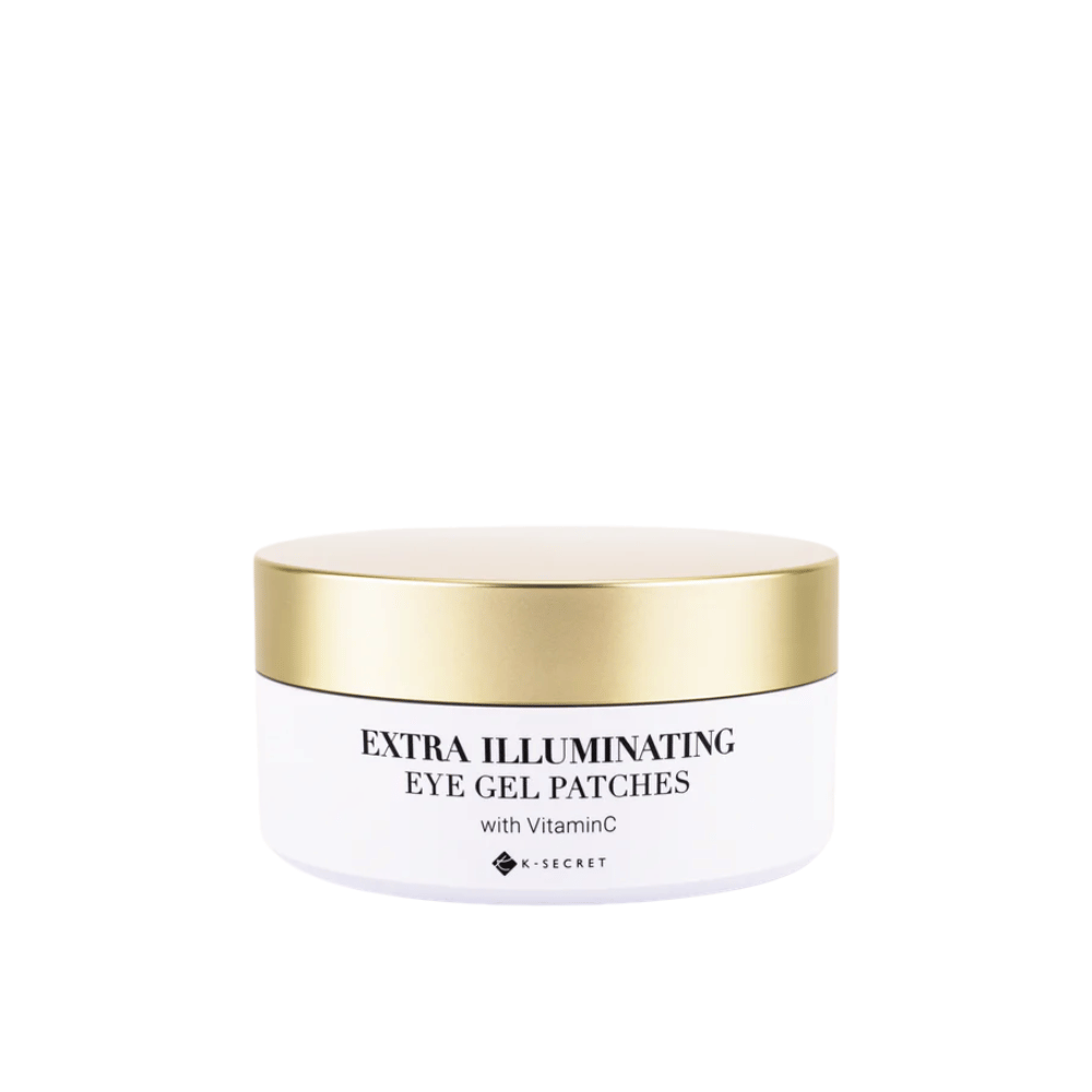 Frasco com K-Secret Extra Illuminating Eye Gel Patches com vitamina C e tampa dourada.