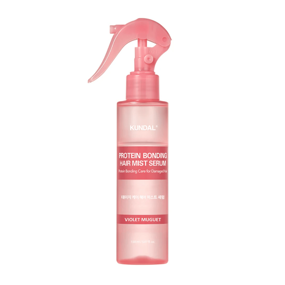 KUNDAL Protein Bonding Hair Mist Serum Violet Muguet em frasco spray rosa, 150 ml, para cabelo danificado com efeito fortalecedor e reparador.