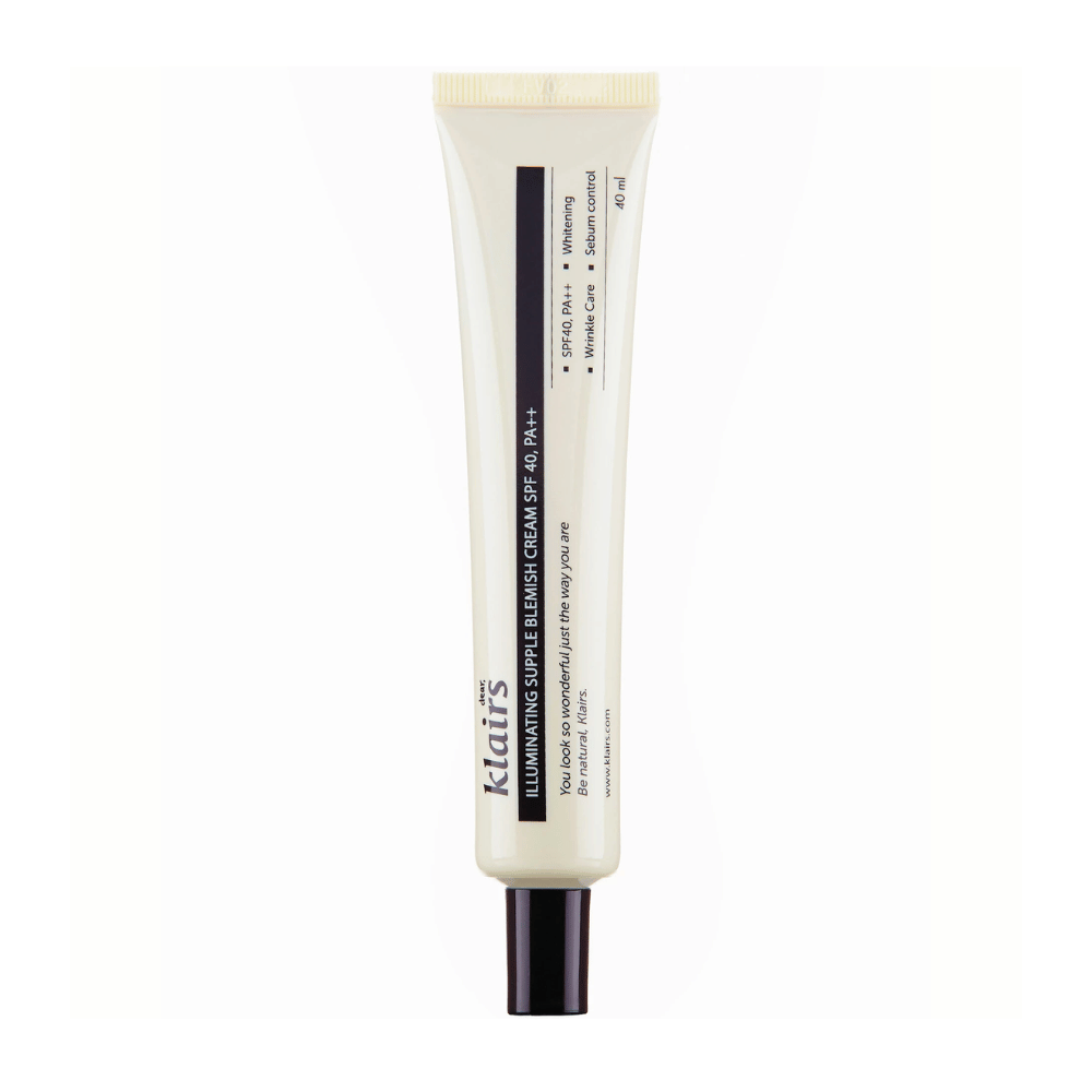 Um tubo de Klairs Illuminating Supple Blemish Cream SPF40 PA++, um creme de dia com cor, contra um fundo branco.