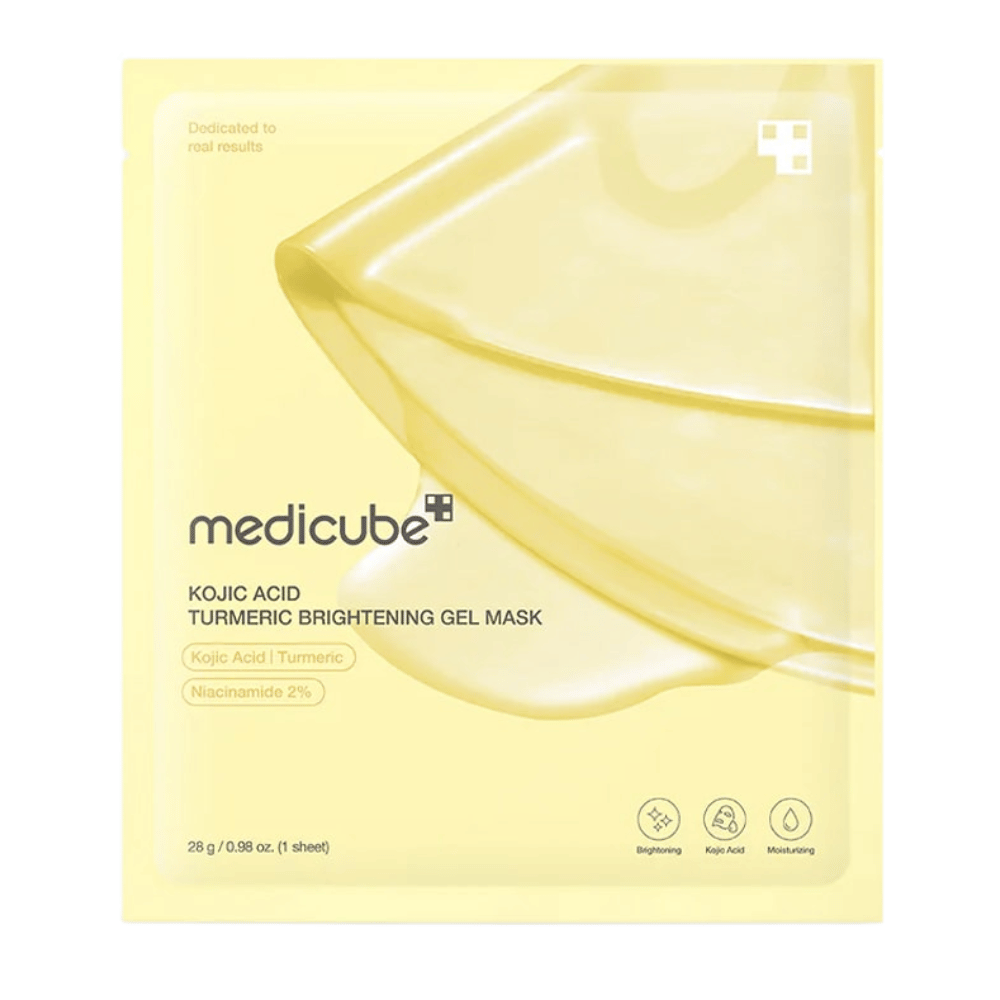 Medicube Kojic Acid Turmeric Brightening Gel Mask – embalagem amarela com imagem de máscara de gel e marcações claras dos ingredientes.