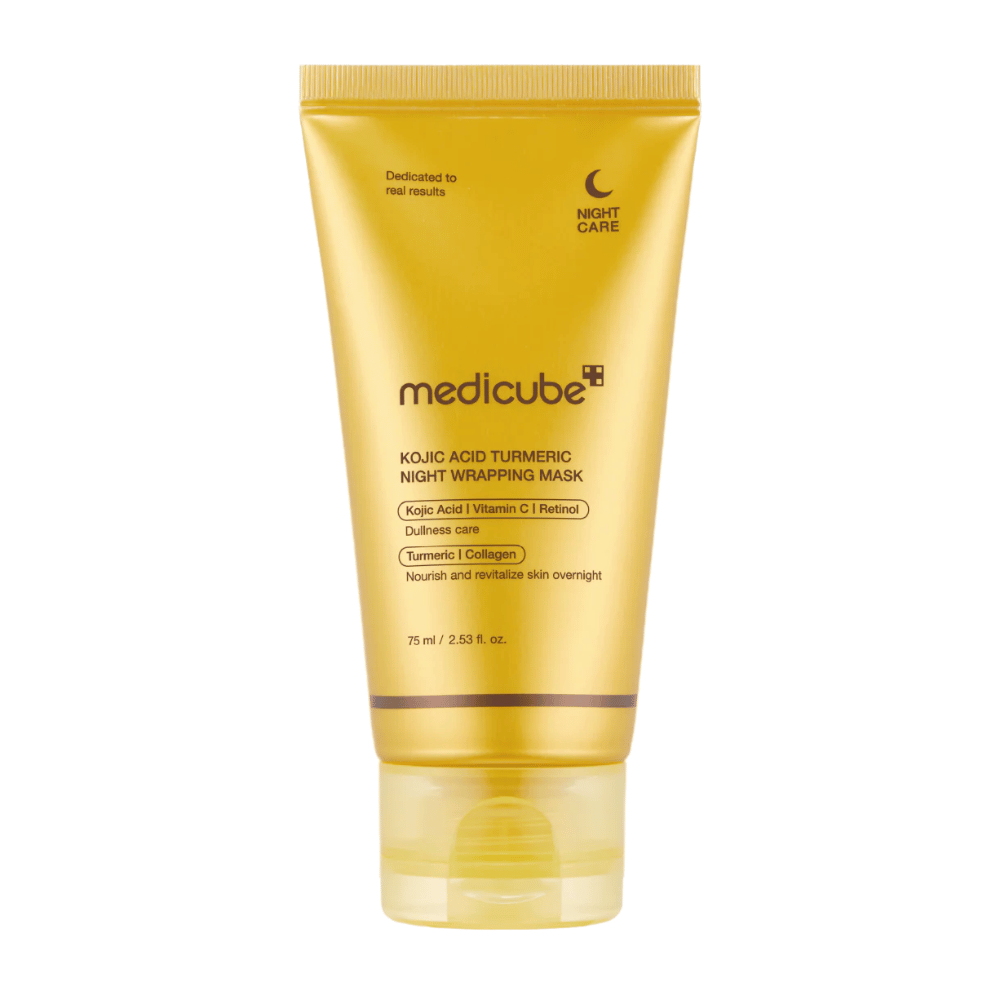 Medicube Kojic Acid Turmeric Night Wrapping Mask 75 ml em embalagem dourada com ácido kójico, curcuma, vitamina C e colagénio para cuidado noturno de luminosidade.