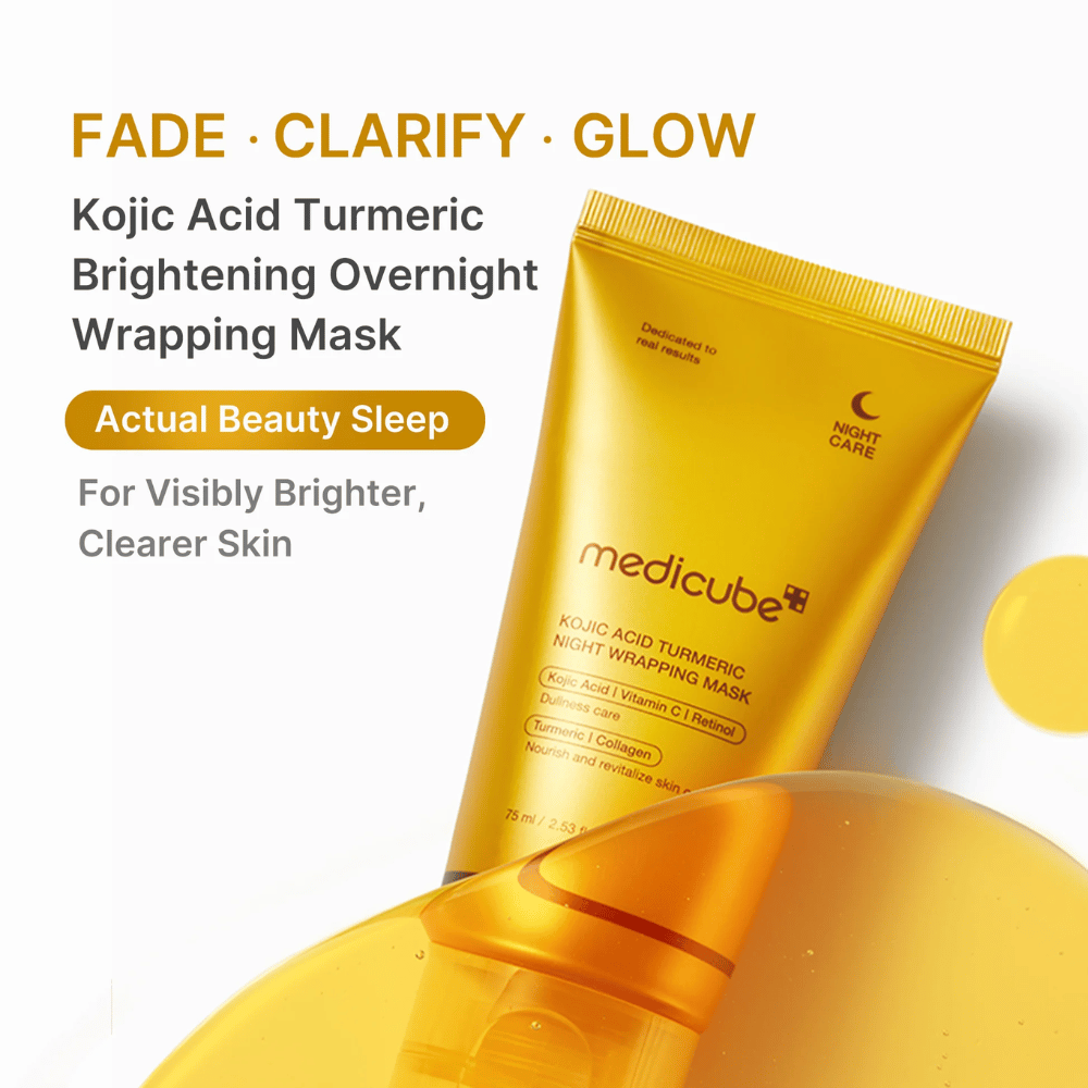Medicube Kojic Acid Turmeric Night Wrapping Mask em tubo dourado para cuidado noturno da pele que ajuda a proporcionar uma pele mais clara, uniforme e radiante.