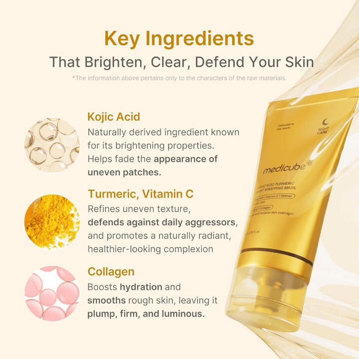 Medicube Kojic Acid Turmeric Night Wrapping Mask com ácido kójico, curcuma, vitamina C e colagénio para luminosidade, hidratação e tom de pele mais uniforme.