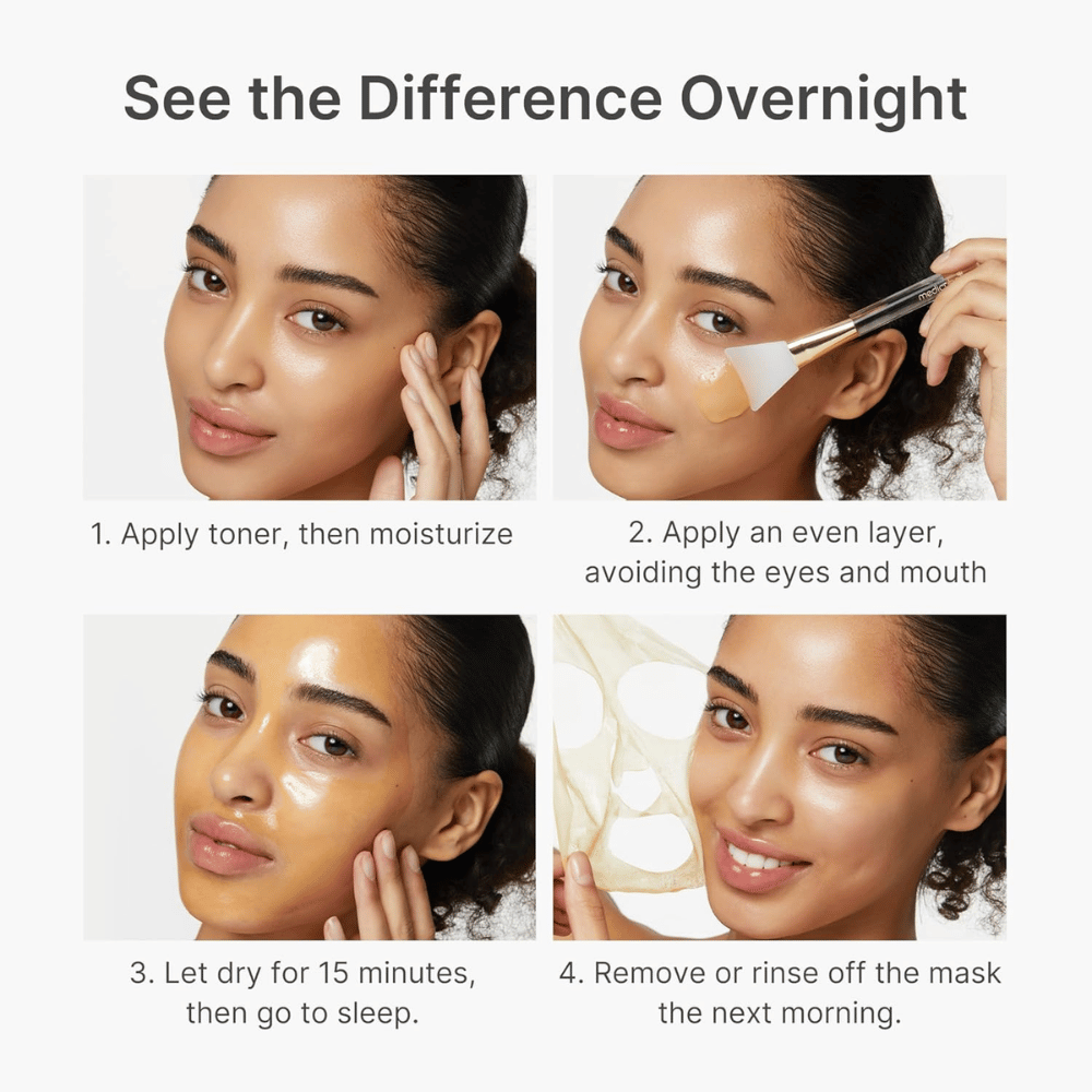 Medicube Kojic Acid Turmeric Night Wrapping Mask aplica-se como máscara noturna em quatro passos para uma pele mais clara, uniforme e radiante durante a noite.