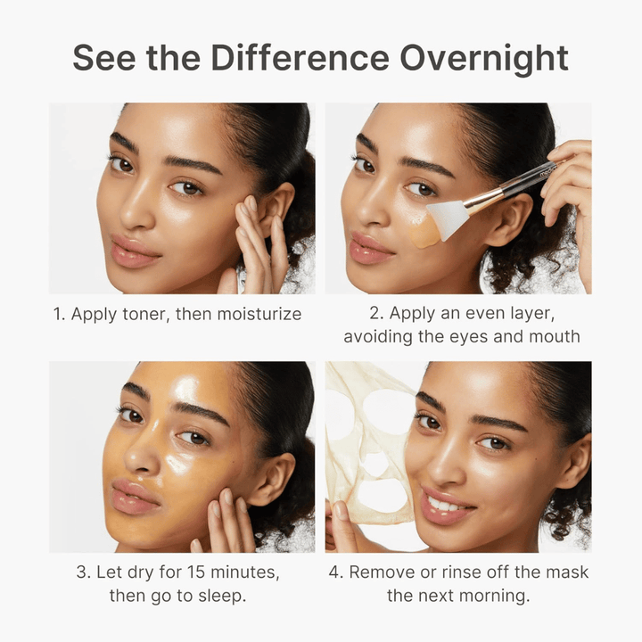 Medicube Kojic Acid Turmeric Night Wrapping Mask aplica-se como máscara noturna em quatro passos para uma pele mais clara, uniforme e radiante durante a noite.