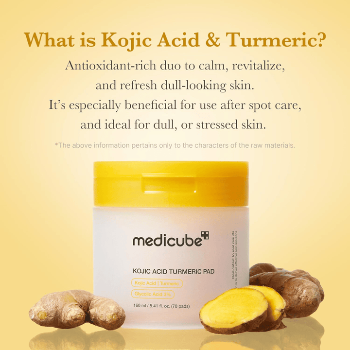 Imagem informativa para Medicube Kojic Acid Turmeric Pad com foco no ácido kójico e na curcuma como ingredientes ricos em antioxidantes para luminosidade, efeito calmante e pele revitalizada.