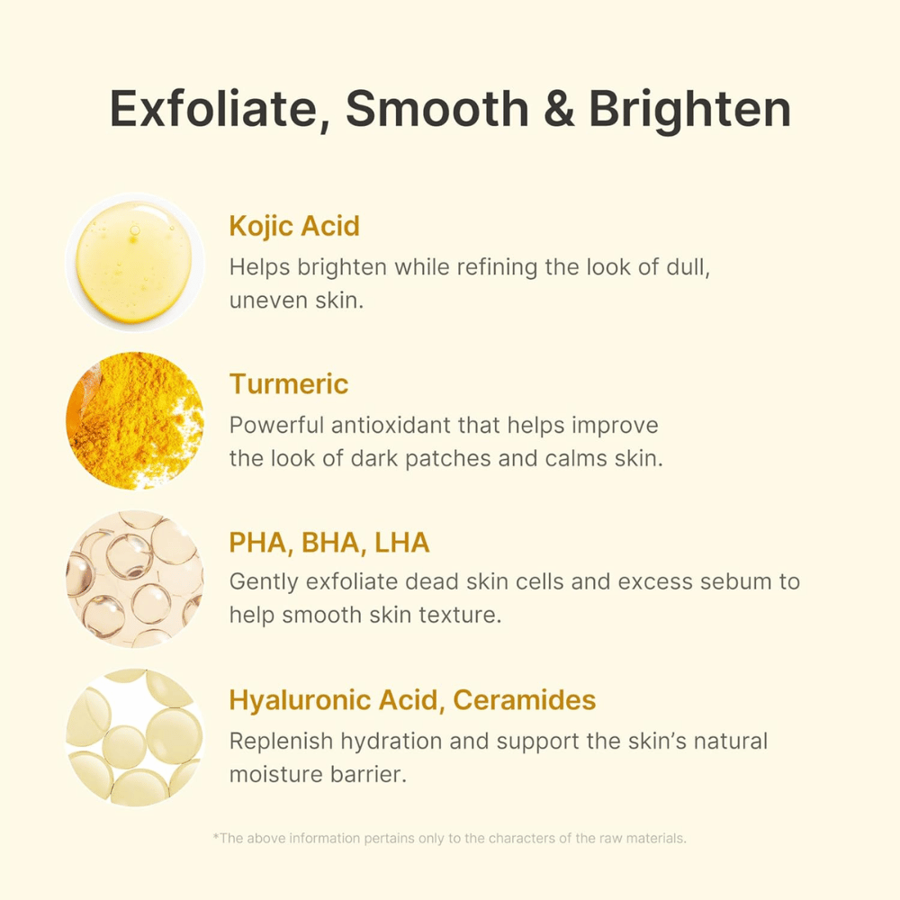 Medicube Kojic Acid Turmeric Peel Shot com ácido kójico, curcuma, PHA, BHA, LHA, ácido hialurónico e ceramidas.