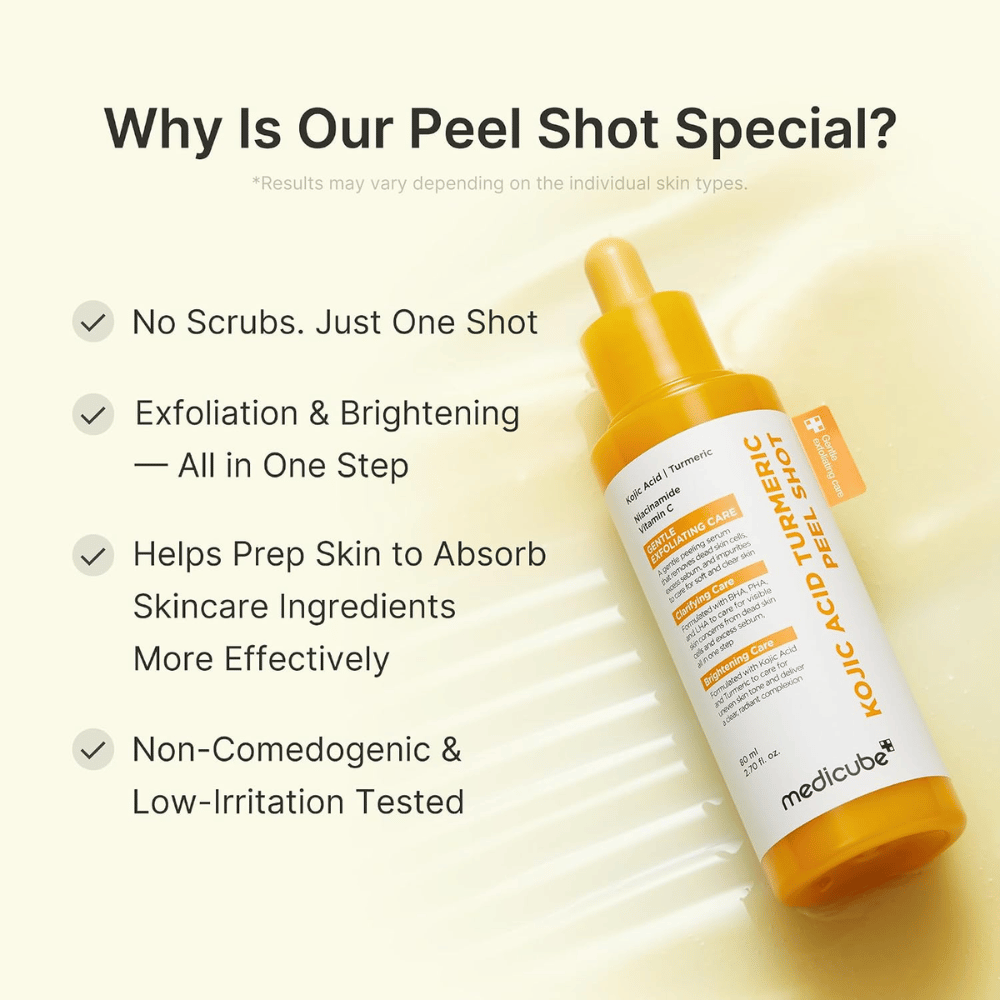 Medicube Kojic Acid Turmeric Peel Shot – peeling esfoliante com ácido kójico e curcuma para um tom de pele mais uniforme, luminosidade e pele mais suave.