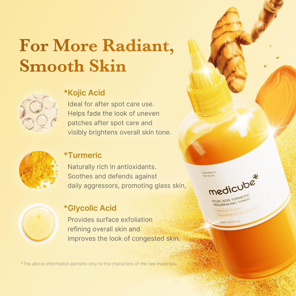 Imagem de ingredientes para Medicube Kojic Acid Turmeric Resurfacing Toner com foco em ácido kójico, curcuma e ácido glicólico para esfoliação, luminosidade e tom de pele mais uniforme.
